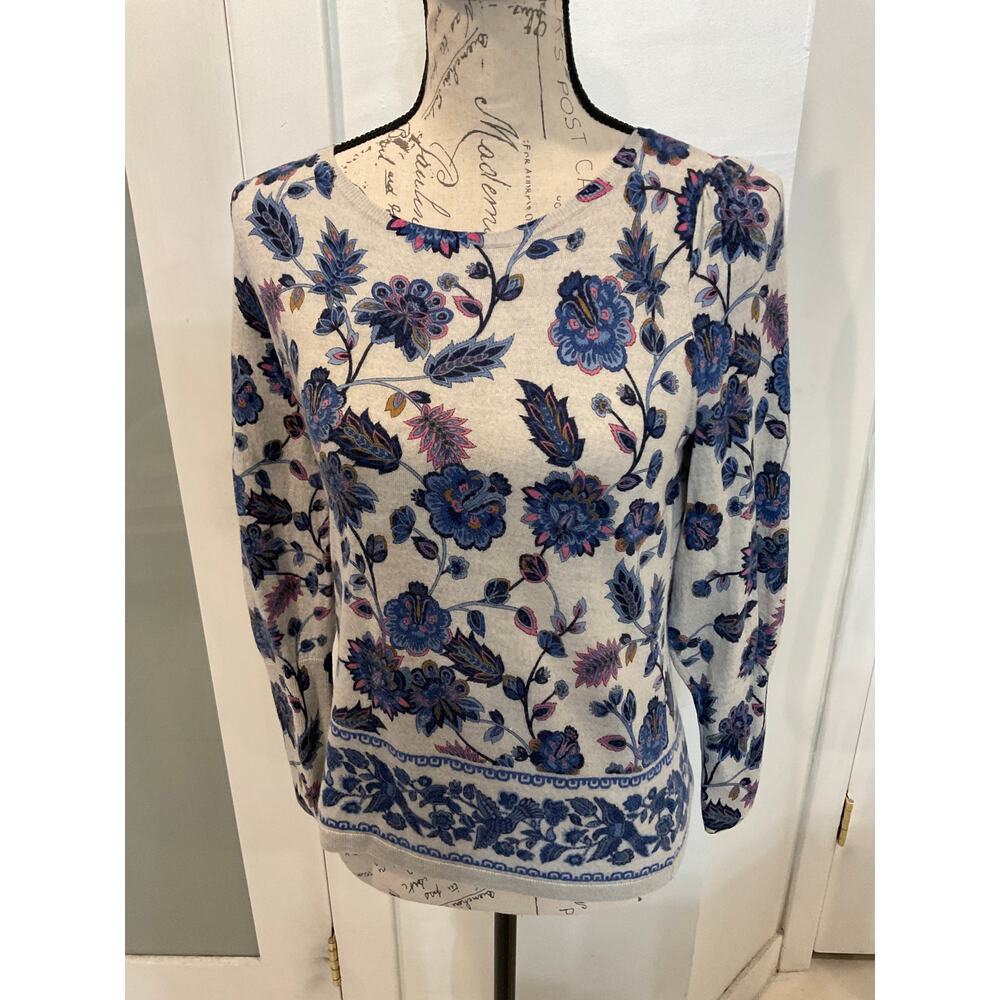 Talbots Merino Wool  Blue Gray Paisley Floral Puff Sleeve Crewneck Sweater M